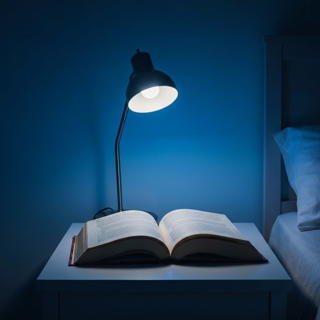 Bedside table with open book and reading lamp at night